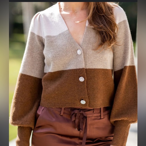 Cami NYC Maya Cardigan Merino Wool in Cream Taupe and Brown - Picture 2 of 10